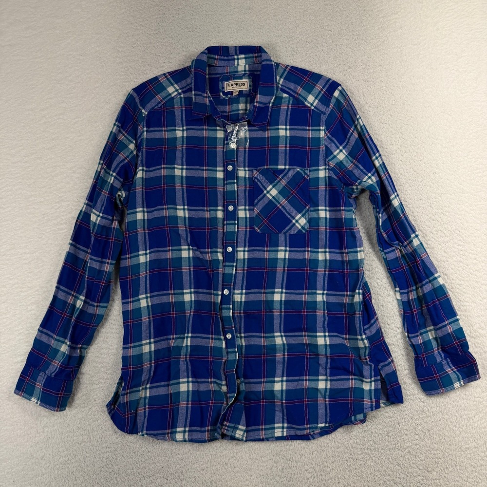 Express Flannel Shirt Women Large Blue Boyfriend Plaid High Low Button Down NWOT